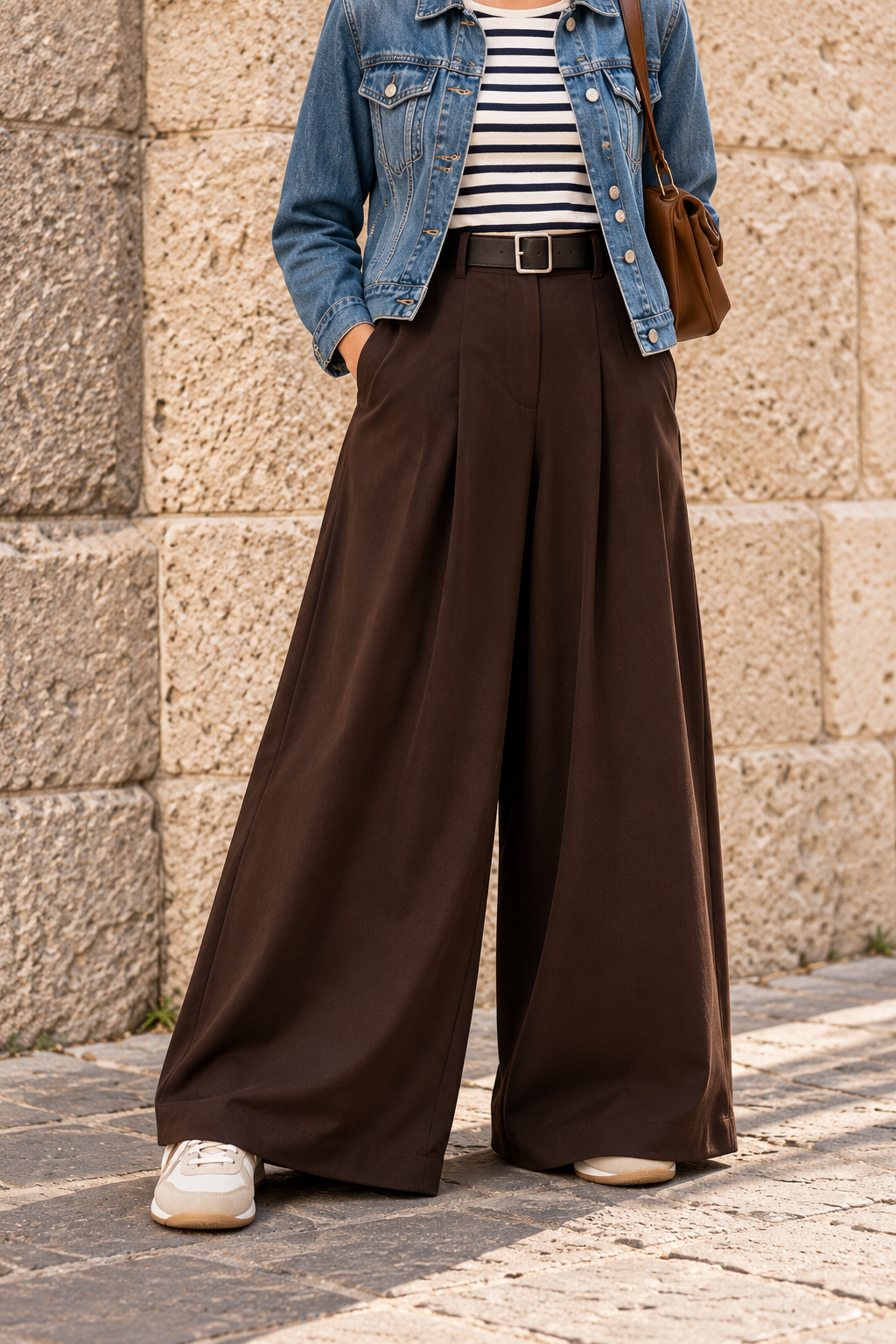 Falda pantalón larga marrón con chaqueta vaquera y camiseta de rayas